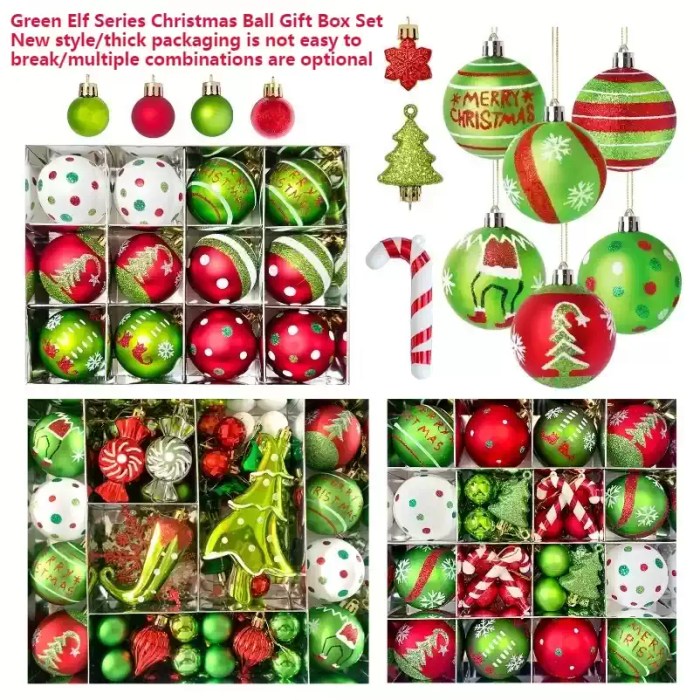 Green elf-themed Christmas ball ornament set in packaging box.