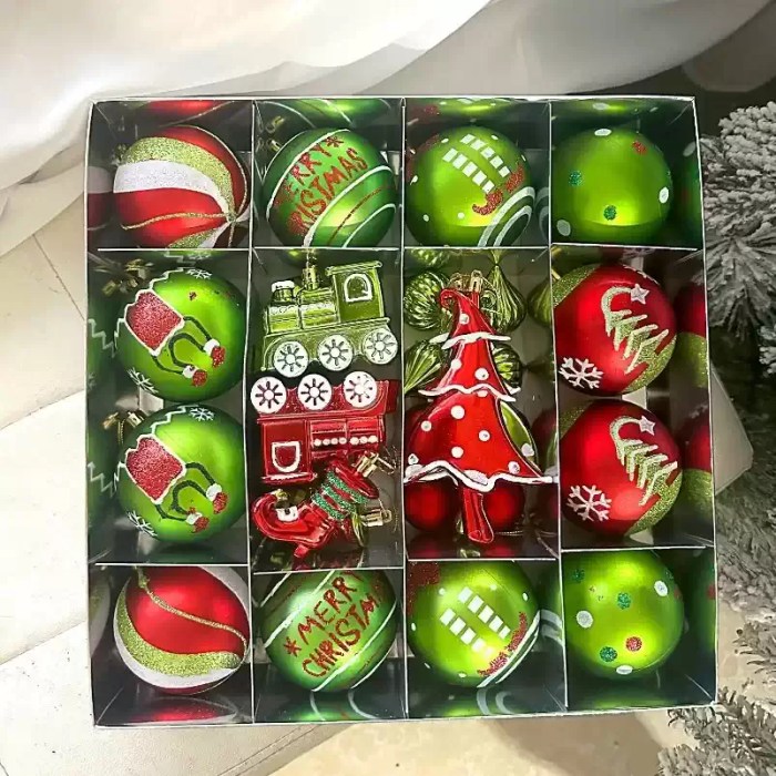 Packaged set of red and green festive Christmas tree baubles.