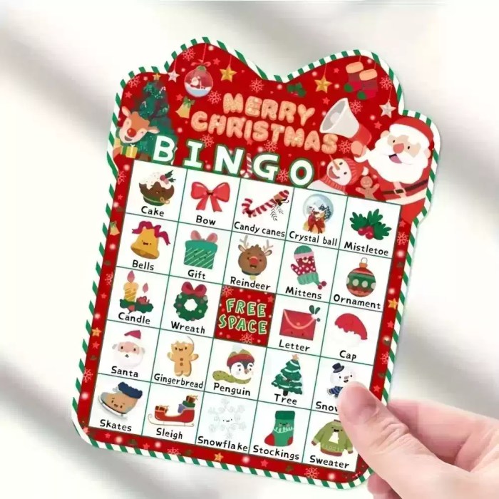 Single red Christmas bingo card featuring Santa, festive grid, and free space.