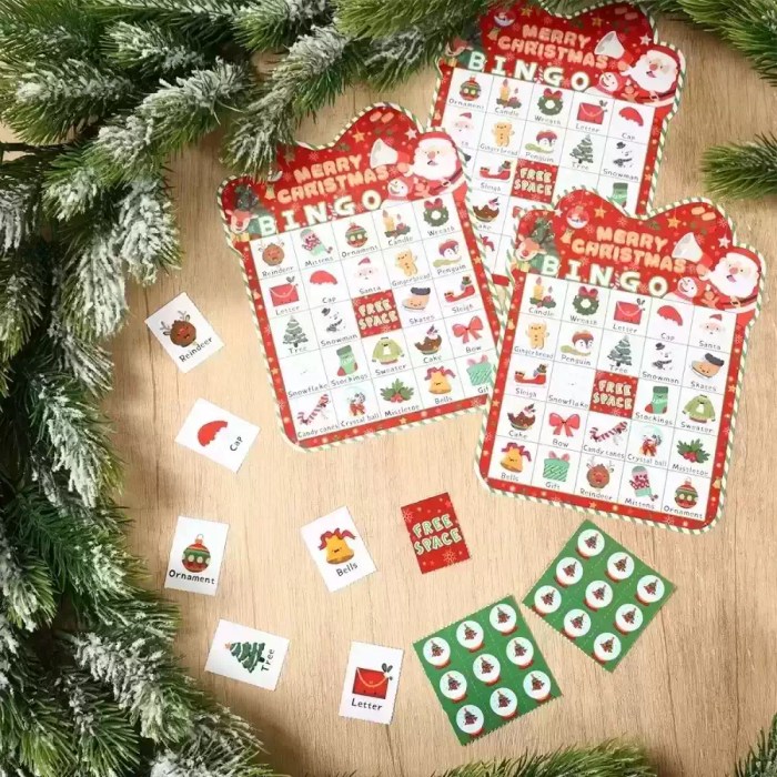 Christmas bingo game cards, calling tokens, and green player chips.