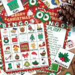 Flat lay of Christmas bingo game cards, rules, calling cards, and chips.