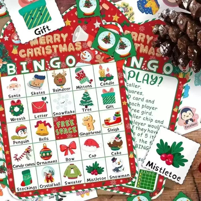 Flat lay of Christmas bingo game cards, rules, calling cards, and chips.