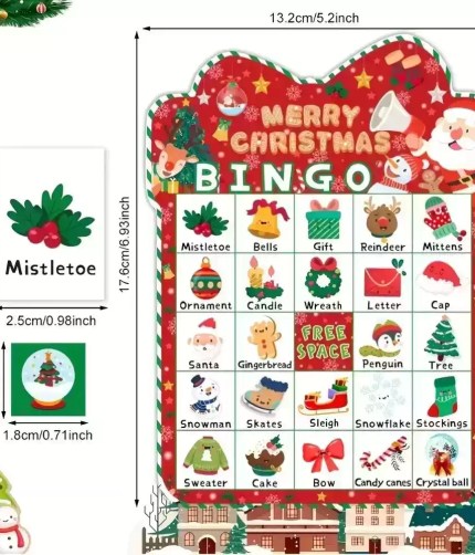 Size chart for Christmas bingo card, calling card, and player chip.