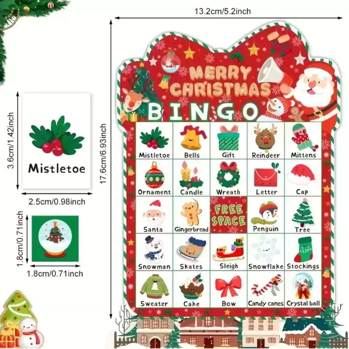 Size chart for Christmas bingo card, calling card, and player chip.