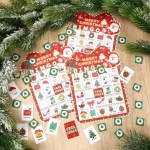 Christmas bingo game set with red cards, calling chips, and player markers.