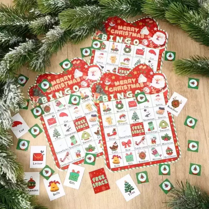 Christmas bingo game set with red cards, calling chips, and player markers.