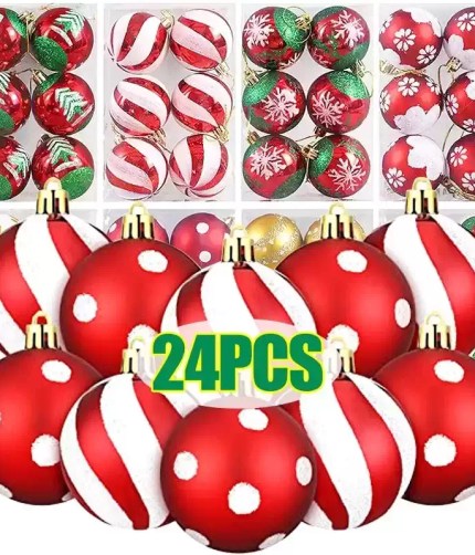 Red, white, and green patterned Christmas tree ornaments set.
