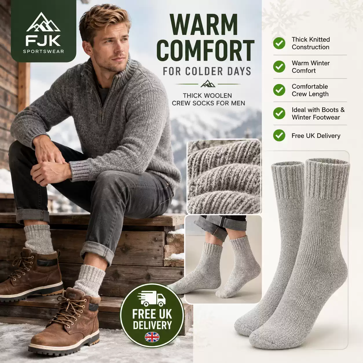 Thick woolen crew socks for men with warm knitted fabric, winter comfort, and boot-friendly design.