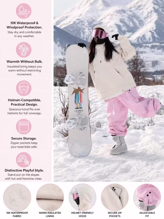Women's pink and cream waterproof ski jacket with an insulated lining, helmet-compatible hood, and secure zip pockets.