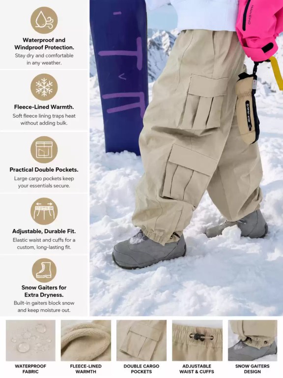 Beige waterproof winter snow pants with a soft fleece-lined interior, practical double cargo pockets, adjustable waist and cuffs, and built-in snow gaiters.
