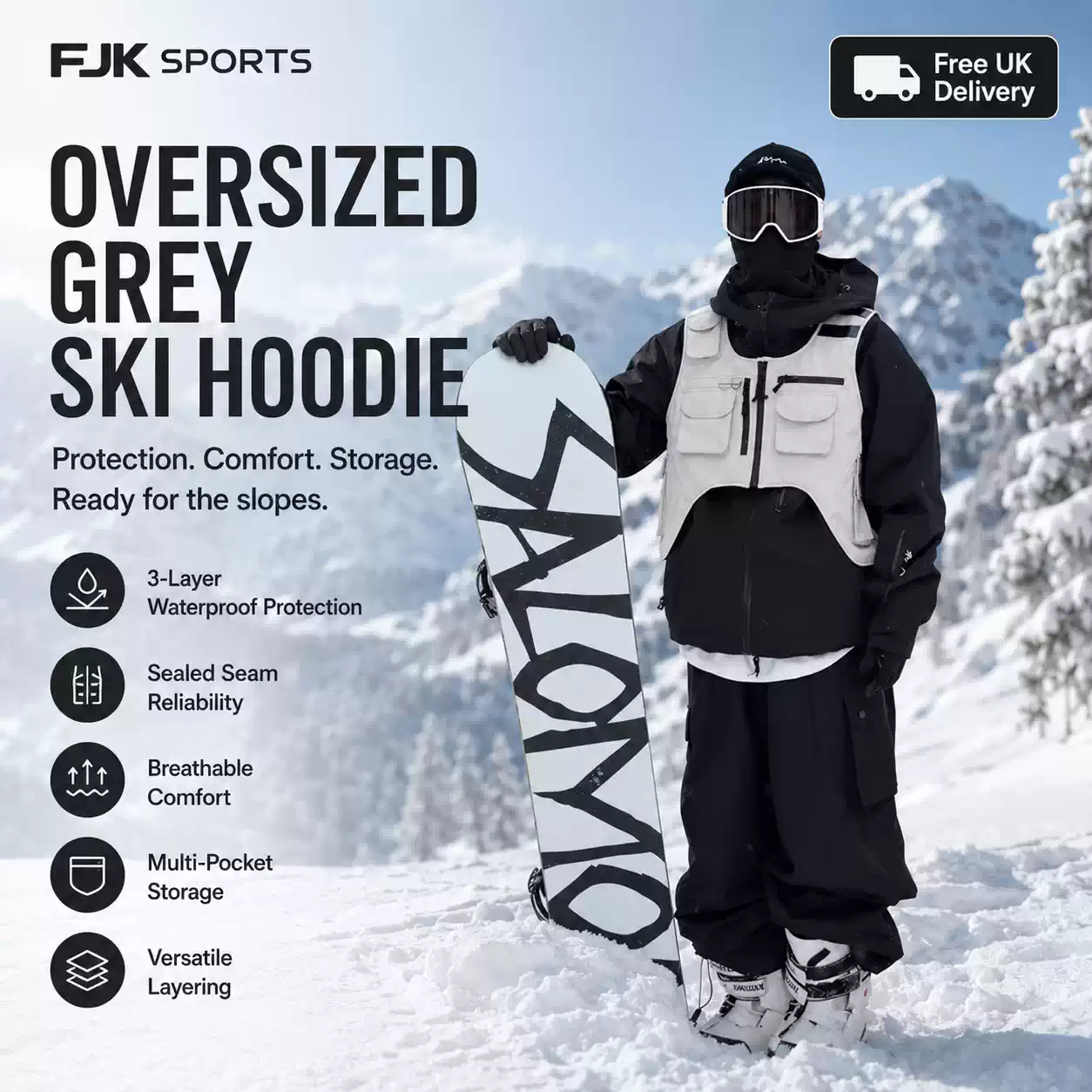Snowboarder wearing an oversized black ski jacket with a grey multi-pocket utility vest on a snowy mountain slope