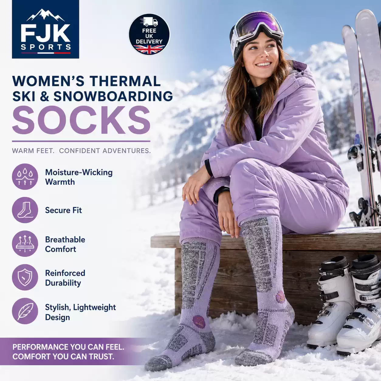 Woman wearing purple knee-high thermal ski socks with moisture-wicking, breathable and reinforced fabric