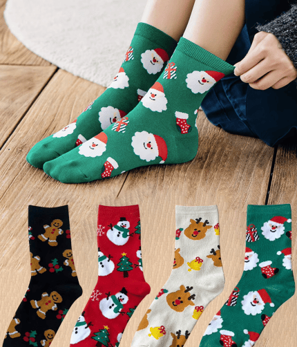 Festive Christmas crew socks with Santa, snowman, reindeer and gingerbread designs