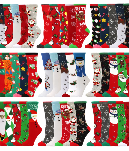 Women’s festive Christmas socks 5-pair collection with Santa, snowman and reindeer designs for warm winter wear