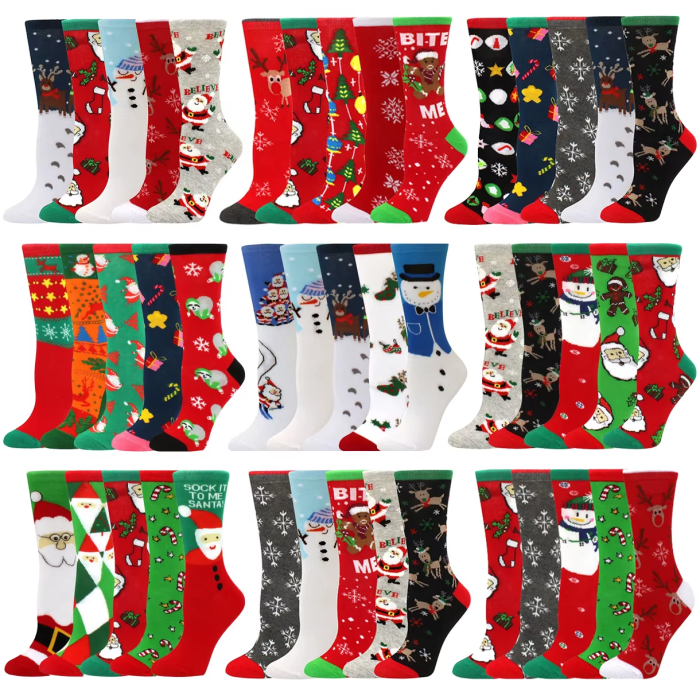 Christmas Novelty Socks Collection Women’s festive Christmas socks 5-pair collection with Santa, snowman and reindeer designs for warm winter wear
