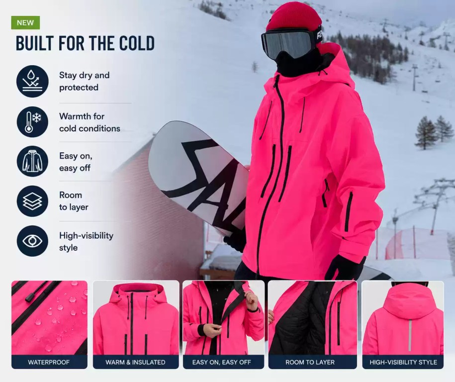 Warm, waterproof high-visibility snow jacket designed for winter sports and layering.