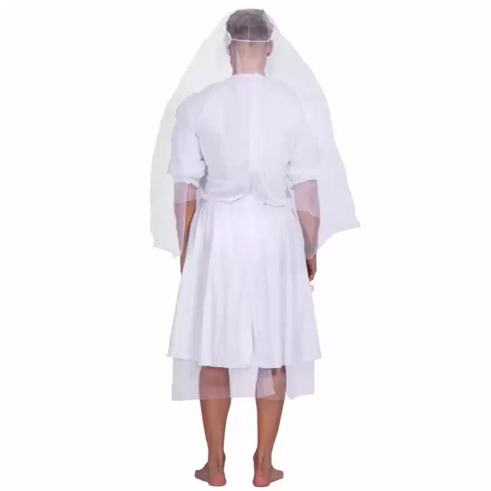 Back view of men's white bride Halloween costume with veil.