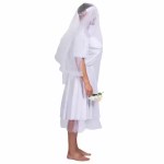Side view of man wearing white bride costume with veil and bouquet.