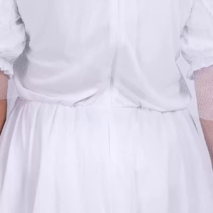 Detail close-up of back zipper and stitching on white bride costume.