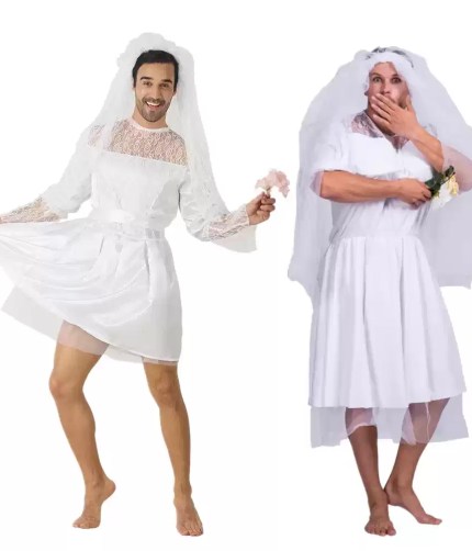Men posing in funny bride drag queen Halloween costumes with veils.