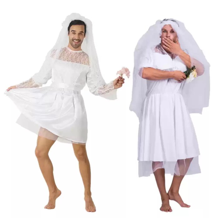 Men posing in funny bride drag queen Halloween costumes with veils.