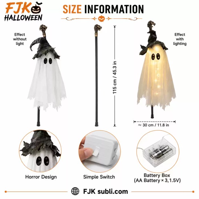 Ghost Decoration Product Details Hanging ghost Halloween decoration showing product features and dimensions