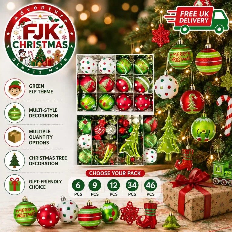 Green elf theme Christmas tree baubles display with gift box