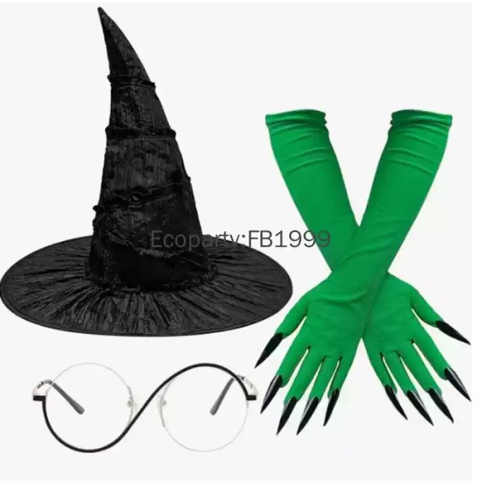 Witch costume accessory set with hat, glasses, and green claw gloves.