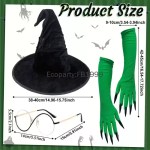 Size chart for witch hat, glasses, and long green gloves.
