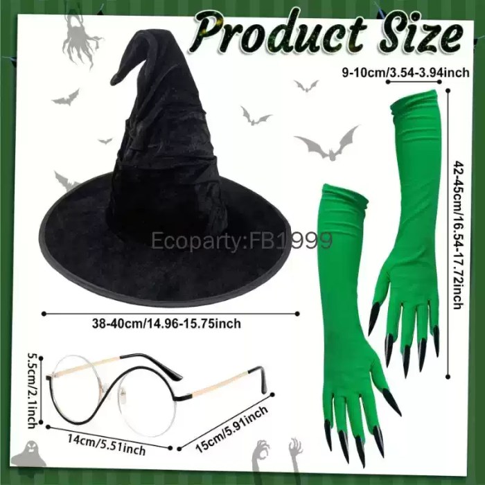 Size chart for witch hat, glasses, and long green gloves.