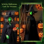 Model in green witch costume surrounded by Halloween pumpkins.