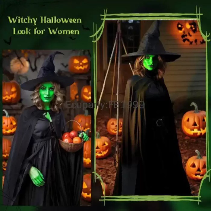 Model in green witch costume surrounded by Halloween pumpkins.