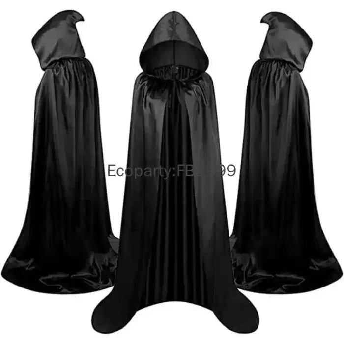 Long black hooded velvet cloak cape front, side, and back view.
