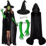 Women evil witch costume set with cape, hat, and green claw gloves.
