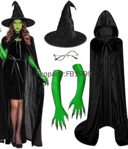 Women evil witch costume set with cape, hat, and green claw gloves.