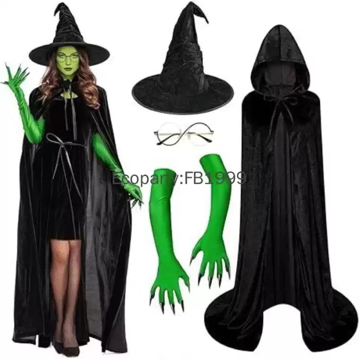 Women evil witch costume set with cape, hat, and green claw gloves.