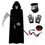 Grim Reaper costume set with scythe and glowing glasses.