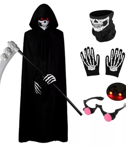 Grim Reaper costume set with scythe and glowing glasses.