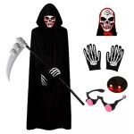 Grim Reaper costume with skull mask and scythe prop.