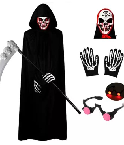 Grim Reaper costume with skull mask and scythe prop.