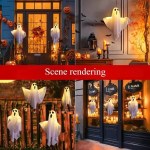 Four-panel rendering showing illuminated Halloween ghost decorations used indoors and outdoors.