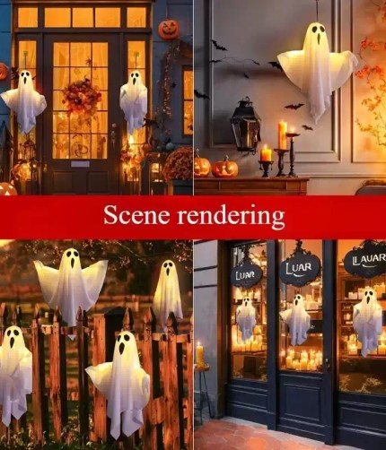 Four-panel rendering showing illuminated Halloween ghost decorations used indoors and outdoors.