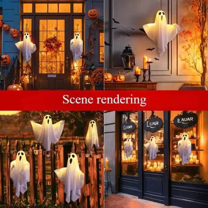 Four-panel rendering showing illuminated Halloween ghost decorations used indoors and outdoors.