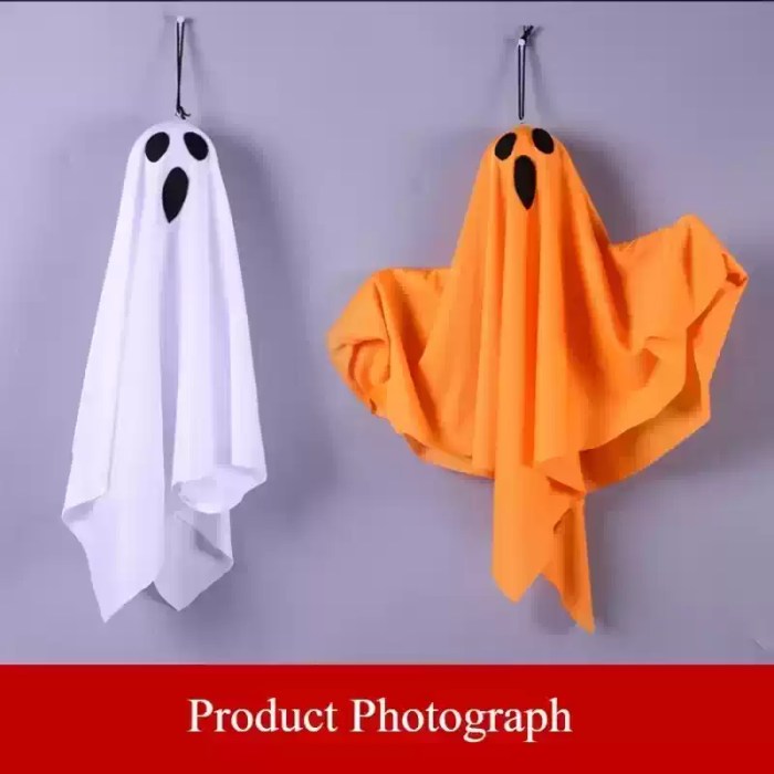 Side-by-side product photo of white and orange hanging Halloween ghost decorations.