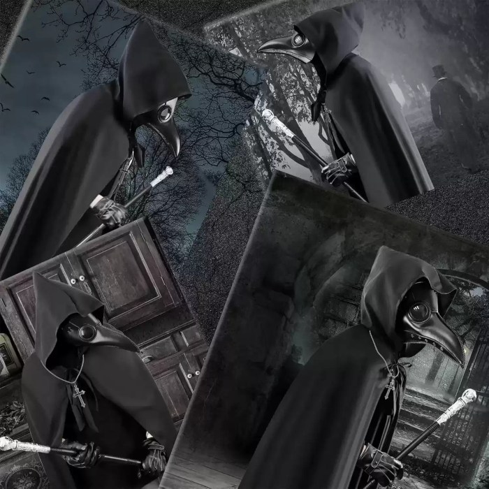 Plague Doctor costume with bats and pumpkins.