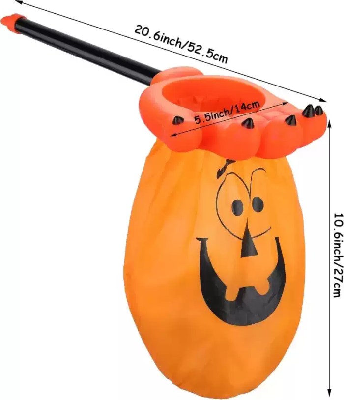 Size chart diagram showing dimensions for long-handled orange monster hand trick-or-treat bag.