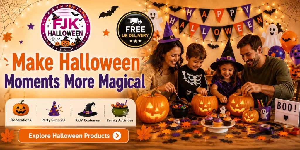Family enjoying Halloween activities with pumpkins, kids’ costumes, decorations and party supplies