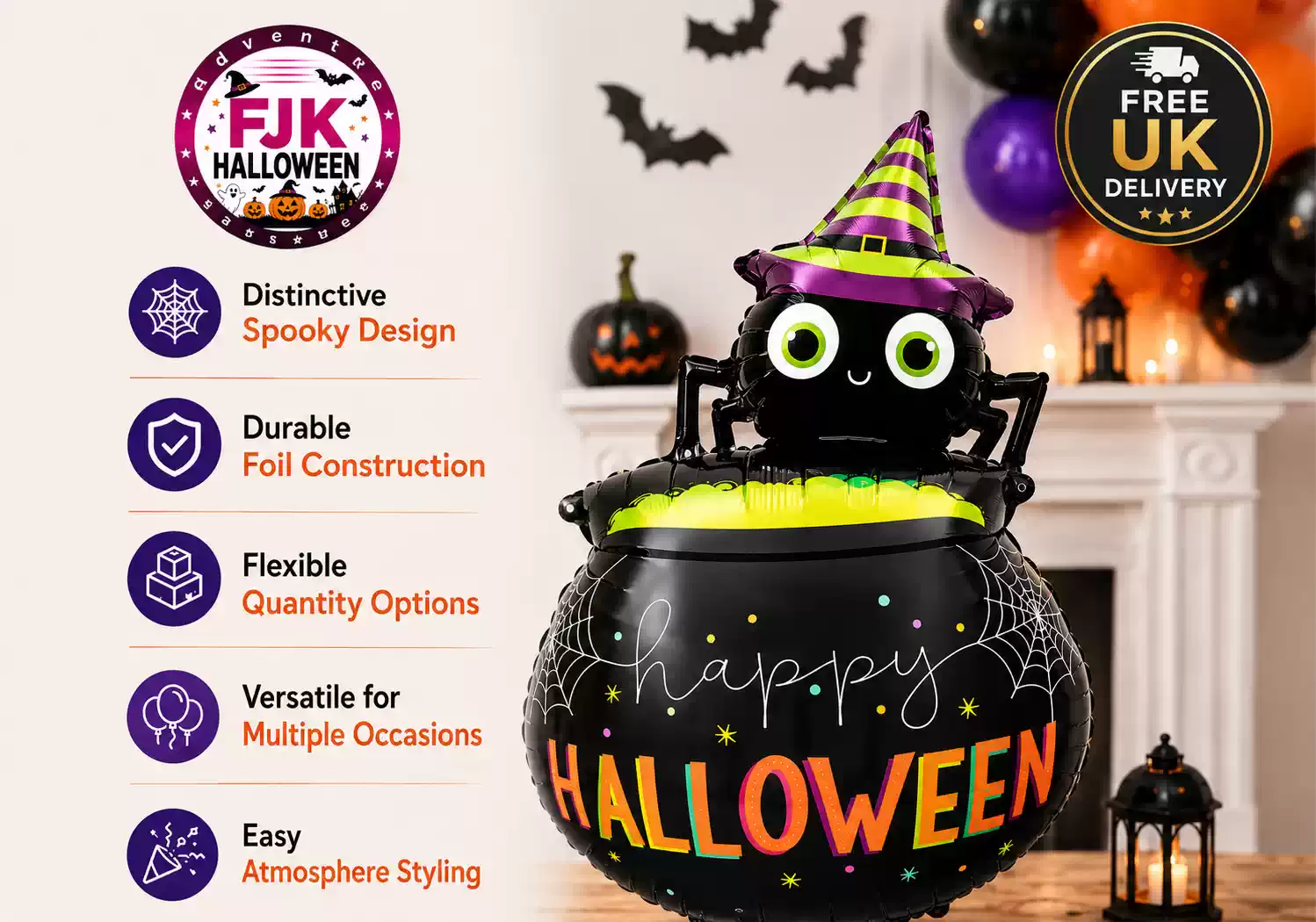 Halloween spider balloon decoration with witch hat and cauldron design for spooky parties and festive décor