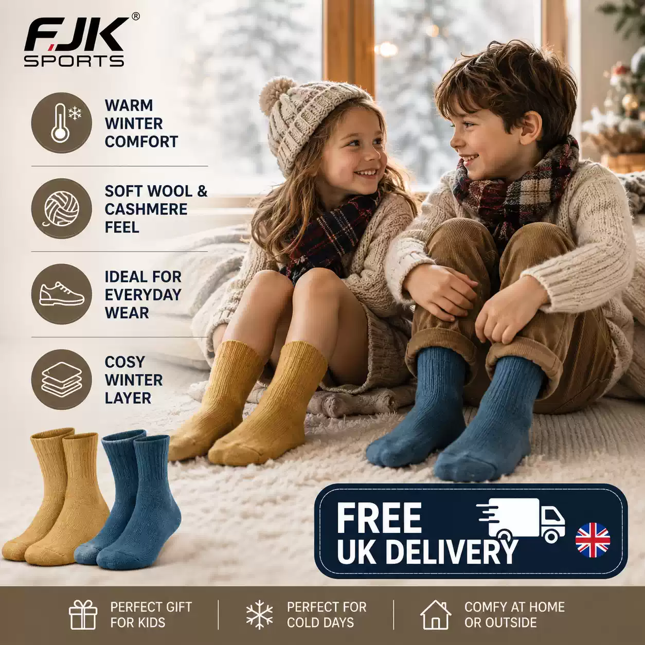 Children wearing warm thermal winter socks in mustard and blue for cosy everyday cold-weather wear