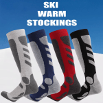 Knee-high thermal ski socks in blue, red, black and grey with reinforced heel and shin panels